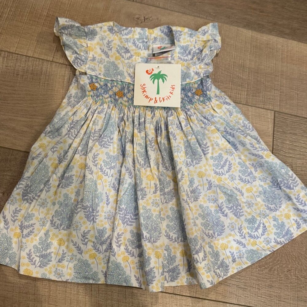 SHRIMP & GRITS GIRLS 12 MONTH YELLOW AND BLUE FLORAL DRESS NEW